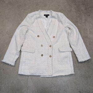 Rachel Zoe Tweed White Double-Breasted Blazer Women's L Textured